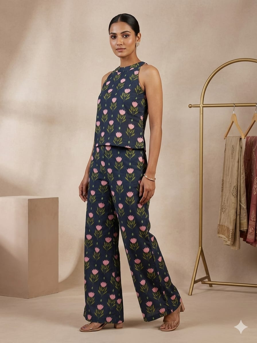 Cotton Printed Halter Neck Kurta Pant Set