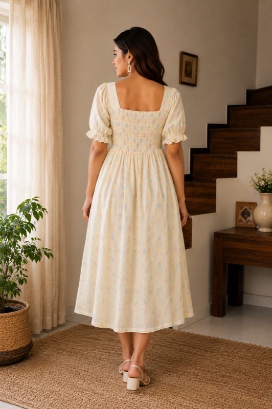 Cotton Dobby Ikat Smocked Midi Dress with Pockets