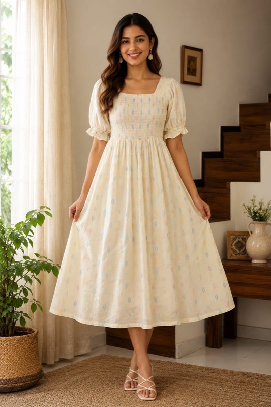 Cotton Dobby Ikat Smocked Midi Dress with Pockets