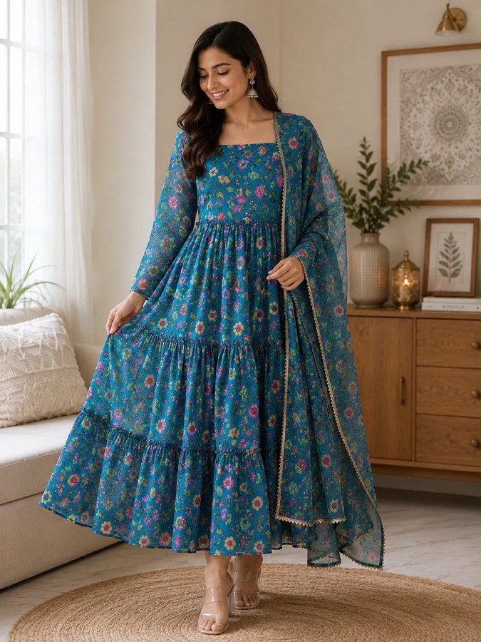 Pure Chiffon Floral Tiered Anarkali Dress with Dupatta